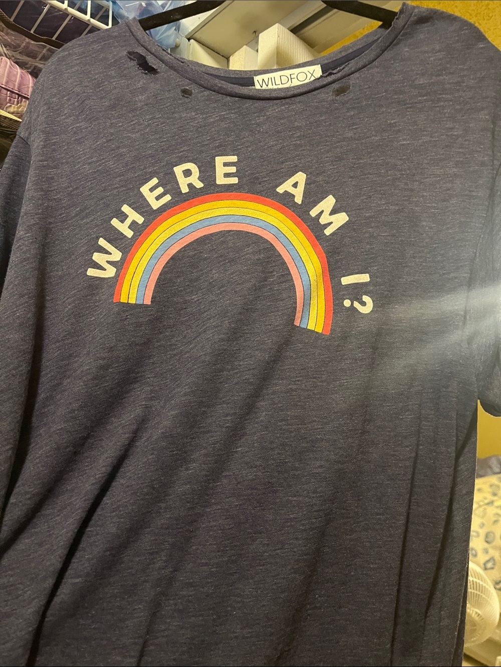 Wildfox wonen Navy Tee with Multicolor Rainbow 'Where Am I?','